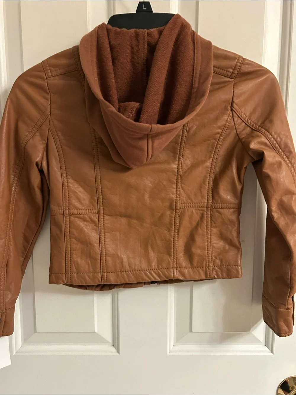 NWT-Girls Hooded Mocha Faux Leather Moto Jacket - Tan